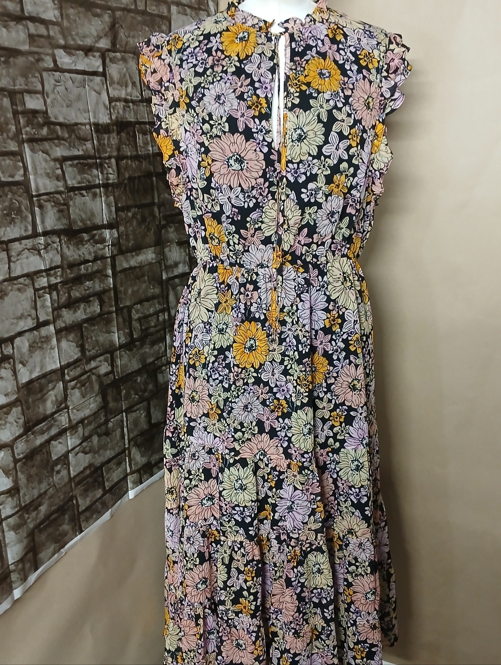 BB Dakota by Steve Madden Black Floral Maxi Dress with Yellow and Pink Flowers